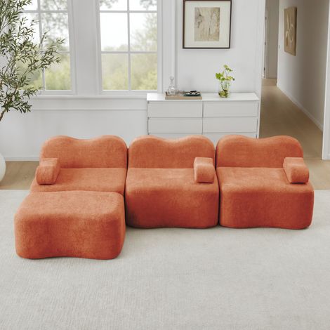 Canapé d'angle modulaire 288x167x70 cm orange en velours avec ottomane, assise profonde et mousse haute densité (1/5)