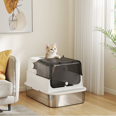 Bac litière per gatti in acciaio inox con coperchio XXL, 70 x 50 x 46,5 cm, bianco HAVRYA (1/4)