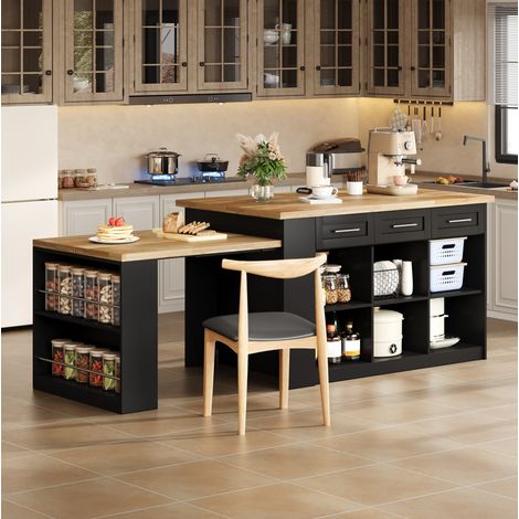 Isola cucina 150/90/90 cm in nero e naturale con tavolo estraibile e ampio spazio contenitivo (1/5)