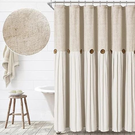 Tissu imperméable lin/coton - Jupe patchwork à boutons - Fermeture boutonnée - Rideau de salle de bain - Rideau de douche - Largeur 183 cm Longueur (1/5)
