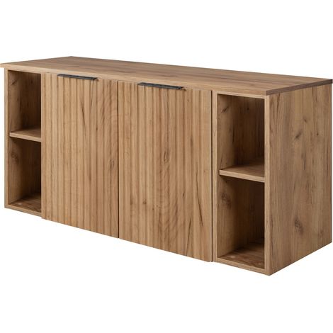 Furnidea - Meuble sous vasque suspendu FLOW CHÊNE 120 cm avec 2 x l'étagères - extensions et plan - 2 portes - façades rainurées (1/5)