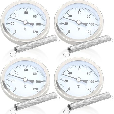 Lot de 4 thermomètres de pose pour tuyau de chauffage, bimétal, thermomètre industriel, affichage de la température avec ressort à clip, thermomètre 0-120 °C, 63 mm (1/5)
