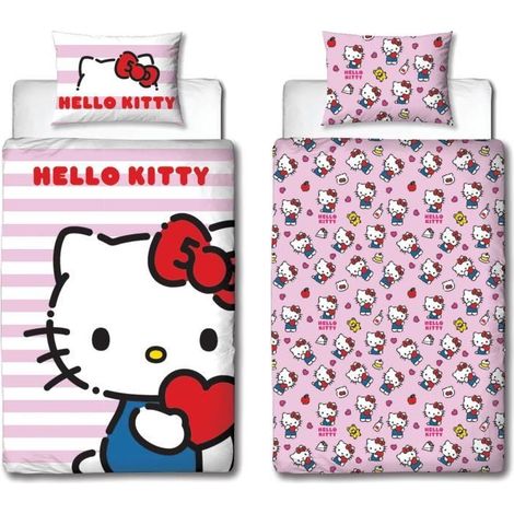 Wende-Bettwäsche Set - HELLO KITTY - Mikrofaser - 1 Bettdeckenbezug 140 x 200 cm + 1 Kissenbezug 63 x 63 cm