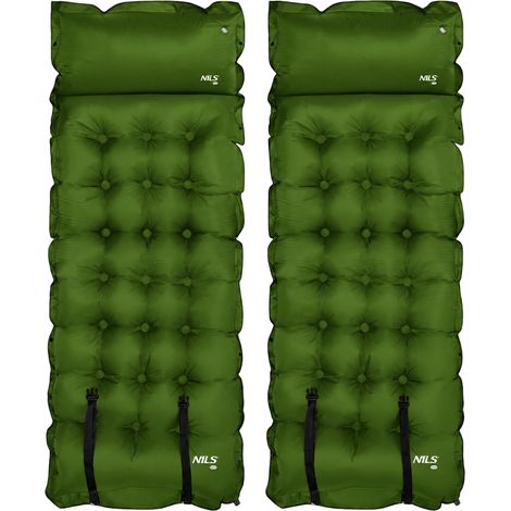 Colchoneta autoinflable de camping verde oscuro, compacta, paquete de 2 unidades (1/5)