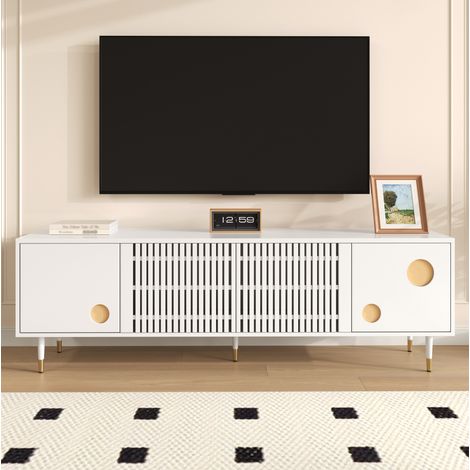 Mueble TV Estructura Rejilla, Asas Ocultas, Decoración Dorada, 2 Puertas Madera Maciza (1/5)