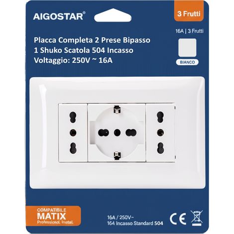 Aigostar Placca Placchetta Completa 2 Prese Bipasso 1 Shuko Incasso 504