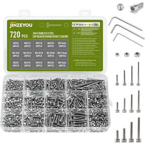 720 Pcs Vis M2 M2.5 M3, Boulons et Écrous, Boulon à Tête Cylindrique à Six Pans et Rondelles, Vis à Tête Creuse Hexagonale en acier inox pour Réparation de Vélos et Motos (1/5)