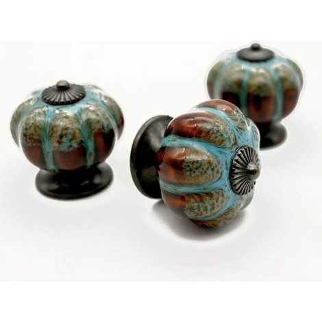Lot de 3 boutons de porte et poignées de tiroir en céramique style rétro citrouille – bleu (1/5)