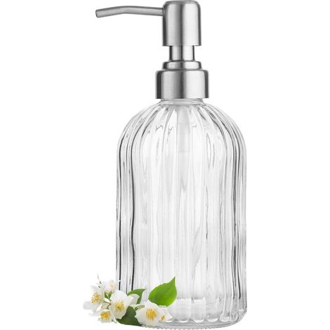 Distributeur de savon en verre transparent avec pompe en acier inoxydable 304, 532 ml (18 oz), pour la cuisine et la salle de bain. Flacon distributeur de gel hydroalcoolique. (1/5)