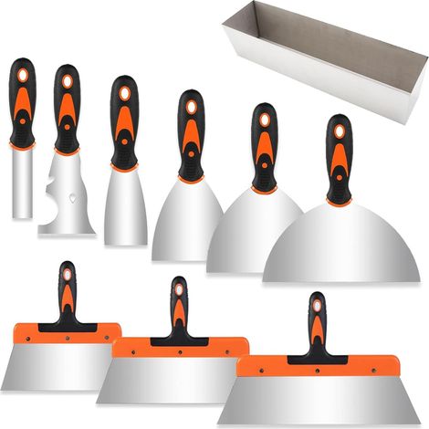 10 Pièces Set Spatule Acier, Couteau à Enduire, Spatules en Acier Inoxydable, Multifonctions Spatule Mastic, Grattoir à Seau et un Bac Enduit (1/5)