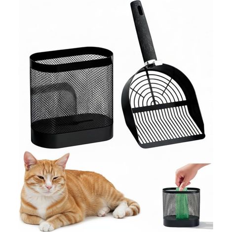 Metal Cat Litter Scoop with Stand, Double Size Litter Scoop Set, Mesh Storage Basket with Hidden Bag Dispenser, 3 Rolls Included, Easy to Clean, Black Rust Proof (1/5)