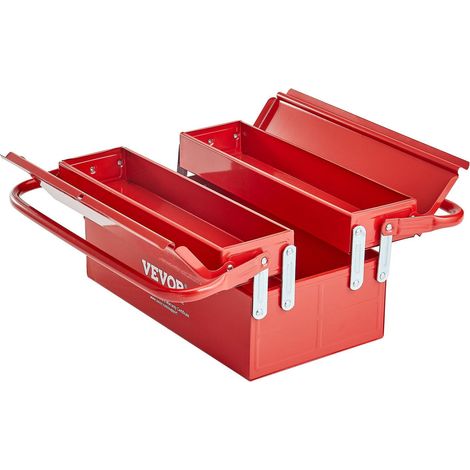 Tragbarer, faltbarer Werkzeugkasten aus Metall, 35,5 cm (14 Zoll), 2 Ebenen, 3 Fächer, Griff und Schloss, ideal für Zuhause und Werkstatt, rot (1/5)