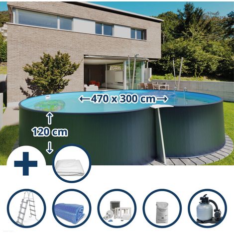 Stahlwandpool Set (7-teilig) hoch achtform 470x300x120 cm, Stahl 0,4 mm anthrazit Folie 0,4 mm blau (1/5)