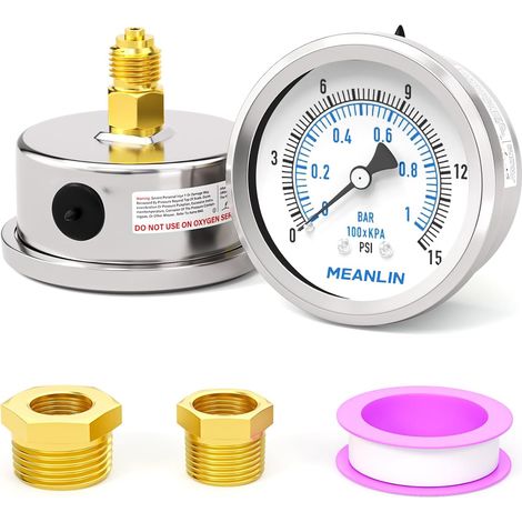 01BAR/015PSI Dry Stainless Steel 1/4" BSP 2" DIAL FACE Waterproof for Well Pump, Tire and Water Pressure Tester, Rear Mount, with 1/2" BSP and 3/8" BSP Hex Socket (1/5)