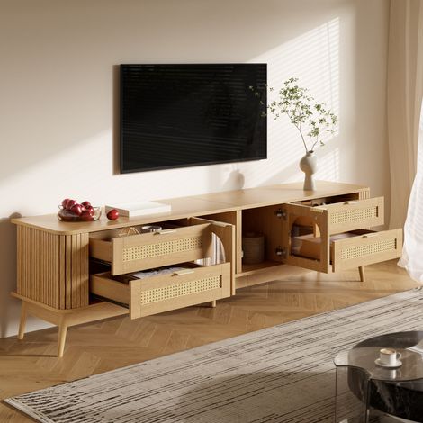 Meuble TV à portes vitrées incurvées sécurisées, buffet avec éclairage LED par appli, rangement salon en panneaux de particules, pieds bois massif, 4 tiroirs (1/5)