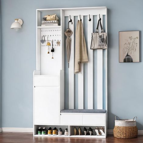 Porte-manteau d'entrée blanc avec banc de rangement rembourré (1/5)