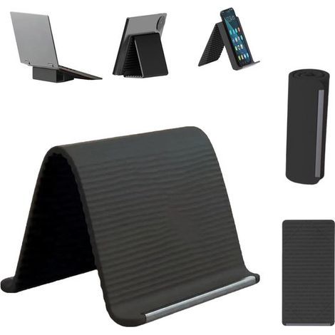 Verstellbare Handyhalterung – 10 x 20 cm – Silikonhalterung – Schwarz – Kompaktes und rollbares Design – Für Smartphones und Laptops (1/5)