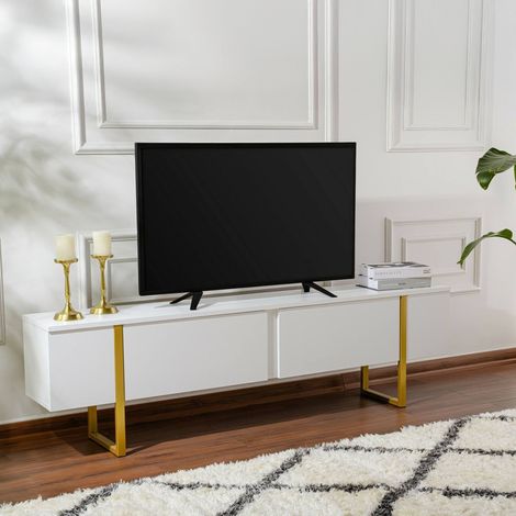 Dmora - Fernsehschrank Gussola, Ständer für Wohnzimmerfernseher, Niedriges Wohnzimmer-Sideboard, TV-Ständerbasis, 180x30 h50 cm, Weiß und Gold (1/5)