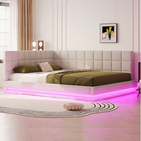 Canapé-lit 160/200 cm beige en lin avec LED, port USB et sommier à lattes (1/5)