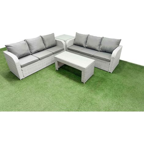 Fimous Outdoor Garden Furniture Sets 6 Seater Wicker Rattan Furniture Sofa Sets with Oblong Coffee Table high Back Lounge Sofa Side Table Light Grey (1/4)