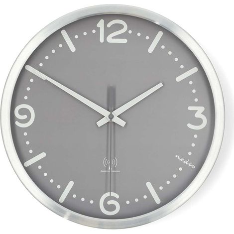 Nedis Wanduhr / Durchmesser: 300 mm / Aluminium / Funkgesteuerte Zeit / Leise Bewegung / Grau / Metall