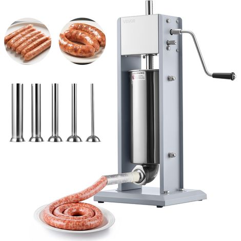 Poussoir à Saucisses Manuel 5 L, Machine à Saucisses Verticale en Acier Inoxydable, Appareil pour Remplissage de Saucissons Restaurant Boucherie Maison, Deux Vitesses, 5 Tubes de Remplissage (1/5)