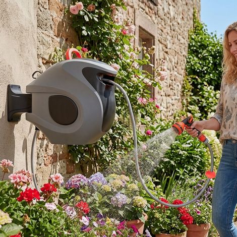 Dévidoir mural automatique 30 m avec lance 9 jets, support orientable 180°, gris DESVIAE (1/5)