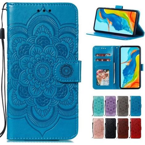 Coque Samsung Galaxy A12, Mandala Fleur Motif Cuir Silicone Fente de Cartes Dragonne Support Élégante, Bleu (1/4)
