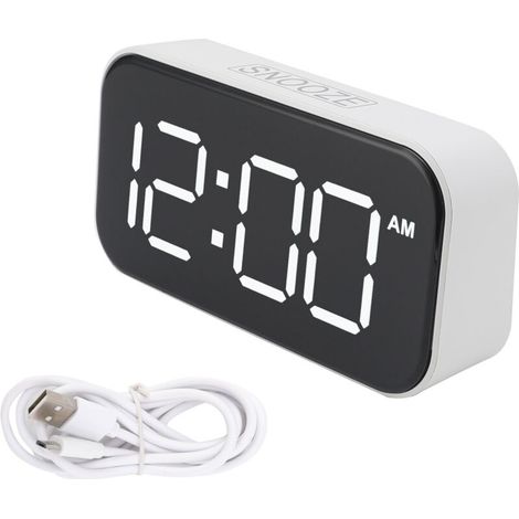 Réveil numérique LED, luminosité réglable 12/24 heures, coque blanche, police verte, USB, pour chambre à coucher et bureau (1/5)