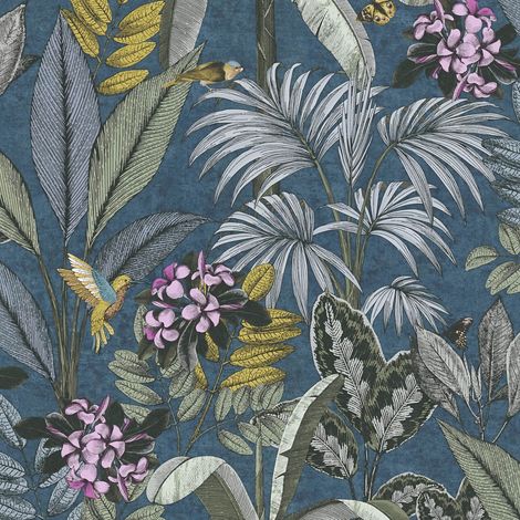 Empapelado con pájaros Profhome 387383 papel pintado no tejido liso sin textura liso con colibríes mate azul verde amarillo gris 5,33 m2