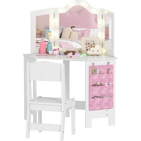 2-in-1 Kinderschminktisch mit Hocker, dreiteiligem Spiegel und zweifarbiger LED-Beleuchtung, 93,6 x 48,5 x 111,5 cm, weiß (1/5)