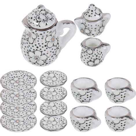 1 Ensemble miniature théière, tasse à thé, soucoupe, pot à crème, pot, plat, accessoire de décor pour maison de poupée (1/5)
