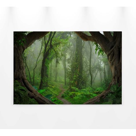 Tableau jungle rectangulaire marron & vert | Tableau sur toile idéal cuisine & bureau | Tableau paysage jungle chemin dans la forêt 0,9 x 0,6 m (1/5)