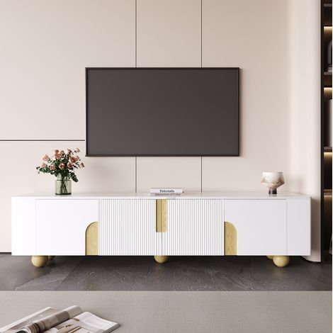 Meuble TV rangement 180 cm blanc bois marbre 4 portes OKMYHOME (1/5)