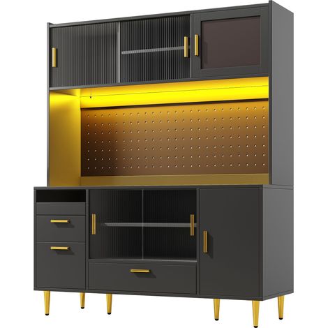 GagaBuffet de cuisine noir 180 cm, LED, portes vitrées coulissantes (1/5)
