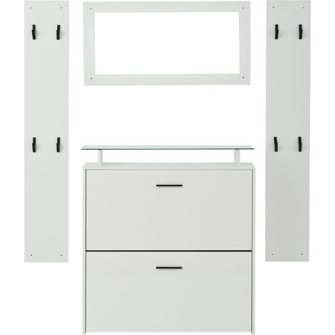 4-teiliges Garderobenset mit Schuhschrank, 2 Wandpaneelen und Spiegel, Weiß (1/5)