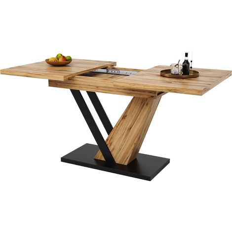 Table à manger extensible 120 à 160 cm 120(160)×75×75,5 cm plateau MDF veinage bois pieds tube acier patins ajustables, table multifonction cuisine salon pour 4 à 6 personnes (1/5)