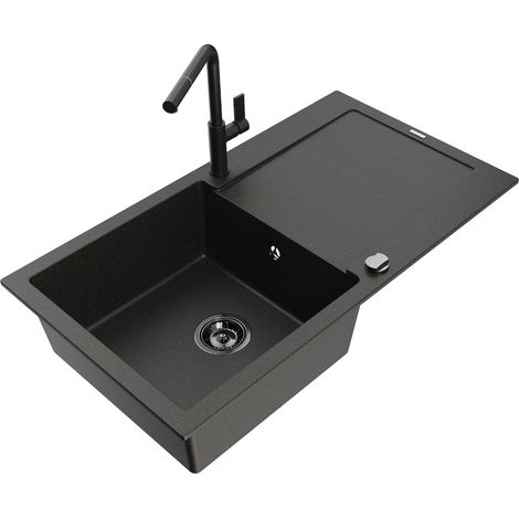 Mexen Leo lavello da cucina in granito, 1 vasca con gocciolatoio e miscelatore Flora, nero/oro metallico - 6501-75-670401-70-B (1/5)