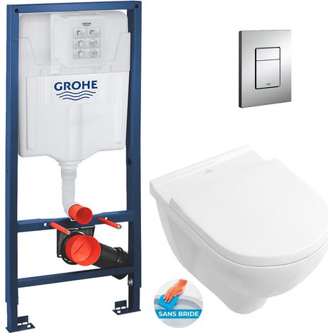 Grohe Pack WC Bâti-support + Cuvette à fond creux sans bride O.novo + abattant softclose + Plaque Chrome (RapidSL-O.Novorimless-1)