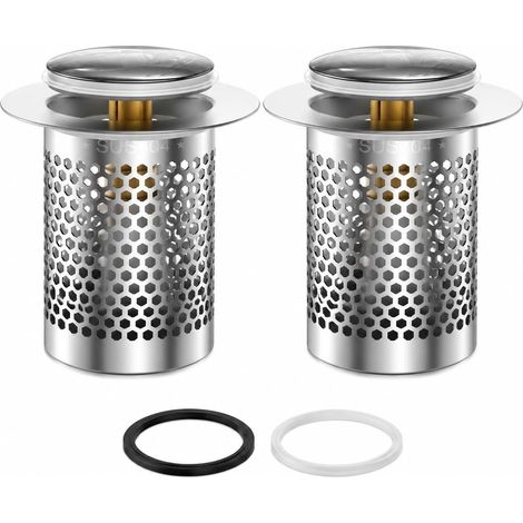 Bouchon de Lavabo Salle de Bain Pop-Up, Filtre INOX 304, Lot de 2 Filtre évier Pop-Up pratique : appuyez simplement pour ouvrir ou fermer l’évacuation avec filtre anti-cheveux intégré (1/5)