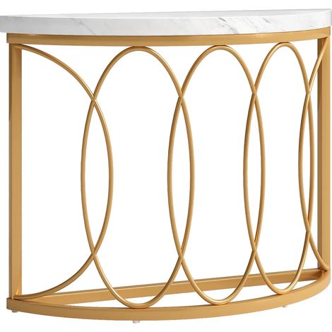 Console a mezzaluna 110 x 35 x 80 cm in MDF e metallo dorato, effetto marmo bianco, per ingresso (1/5)