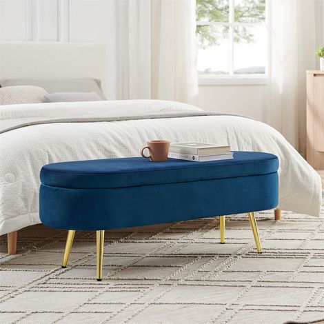 Banc de Rangement Design - 110x40x42 cm - Coffre de 20L en Velours avec Pieds en Métal et Châssis en Bois Massif - Bleu Foncé (1/5)