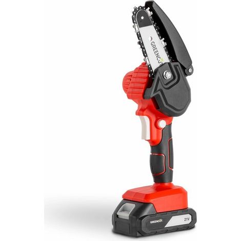 Mini-Akku-Kettensäge, 4-Zoll-Sägeblatt, 10 cm Schnittlänge, Astschnitt, 1 kg, 1 Akku + 1 Ladegerät im Lieferumfang enthalten – Greencut GSM210L