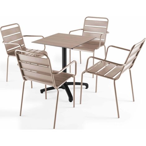 Ensemble table 60 cm chêne clair et 4 fauteuils en métal taupe (1/5)