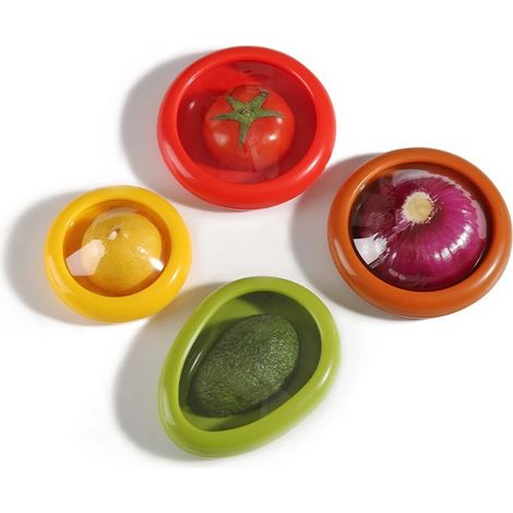 Luftdichte Aufbewahrungsbehälter für Obst und Gemüse, Kühlschrankaufbewahrung, transparente Folie, Lebensmittelaufbewahrung, Küche, 4 Stück, Gelb, Rot, Grün, Braun