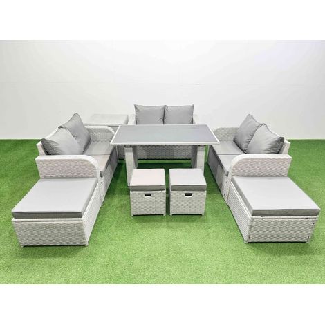Fimous 10 Seater Patio Garden Furniture Sets with Black Glass Top Dining Table Love Sofa Side Table 4 Stools Light Grey (1/4)