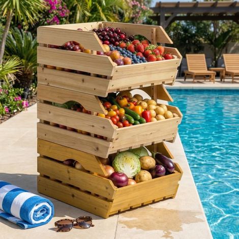 Support de corbeille à fruits en bois de sapin à 3 étages amovibles naturel pour fruits et légumes 27x37.5x60cm finition de qualité