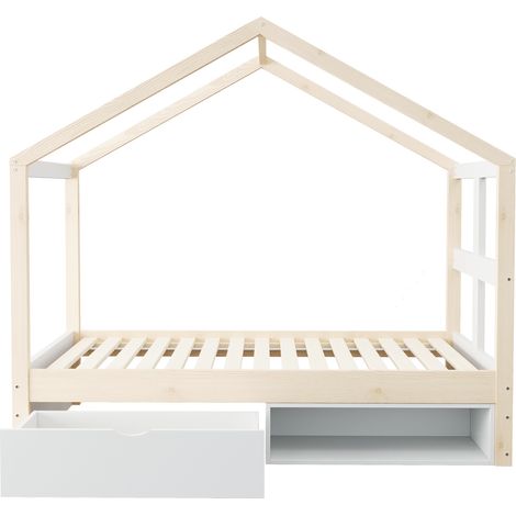 Cama individual de madera color natural 90x190 cm con cajón, zapatero pequeño, LED multicolor y somier (1/5)