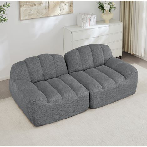 Divano modulare 2 posti in tessuto effetto pile granulato grigio, design senza struttura, con ottomana collegabile (1/5)