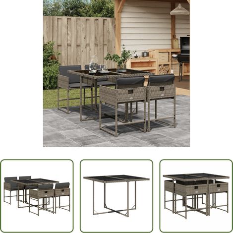 Chaises de jardin - Ensemble à manger de jardin 5 pcs coussins gris résine tressée (1/5)